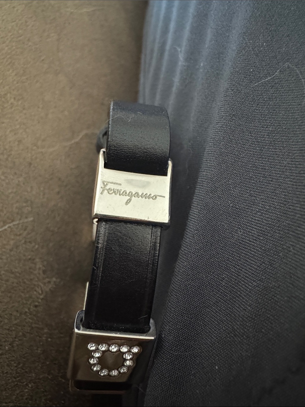 Salvatore Ferragamo Black Leather Bracelet w Silver Crystal Logo Squares Small - Picture 2 of 8